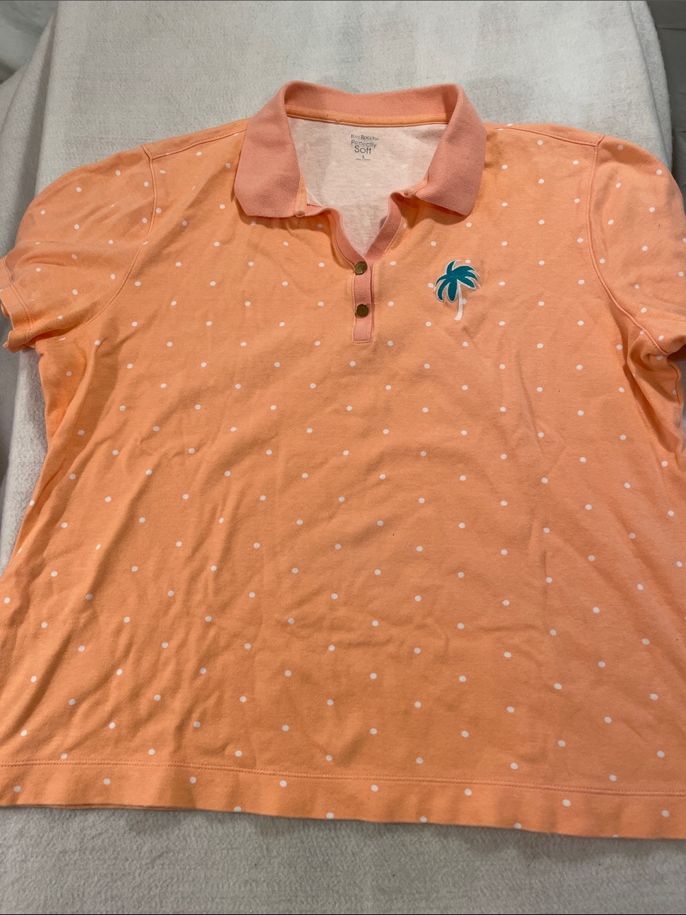Kim Rogers Peach Polka Dot Short Sleeve Polo with Teal Palm Tree